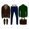 Set of trendy men's clothes. Outfit of man cardigan, shirt, pants and accessories. Men's wardrobe