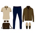 Set of trendy men's clothes. Outfit of man cardigan, t-shirt, pants and accessories. Men's wardrobe Royalty Free Stock Photo