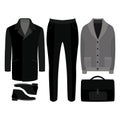 Set of trendy men's clothes. Outfit of man coat, cardigan, pants and accessories. Men's wardrobe Royalty Free Stock Photo