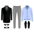 Set of trendy men's clothes. Outfit of man coat, cardigan, pants and accessories. Men's wardrobe Royalty Free Stock Photo