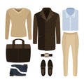 Set of trendy men's clothes. Outfit of man coat, pants, pullove Royalty Free Stock Photo