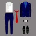 Set of trendy men's clothes with pants, jacket, shirt and access Royalty Free Stock Photo