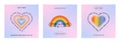 Set of trendy minimalist queer aesthetic square cards with retro gradient blur rainbow and heart. LGBTQIA Pride Month