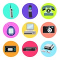 Set of trendy retro old cool hipster vintage round icons from 70s, 80s, 90s items mobile cell phone, electronic toy, computers Royalty Free Stock Photo