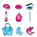 Set of trendy sticker. Lips, eyes with eyelashes and eyebrows, lipstick, pencil, bag and high heel shoes. Vector illustration.