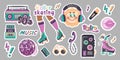 Set of trendy stickers in retro style of 90s, 80s, 70s. Hand drawn music label template, cartoon character sun, roller skating. Royalty Free Stock Photo