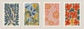 Set of trendy vintage wall prints with flowers, leaves, shapes. Modern aesthetic illustrations. Bohemian style Collection of