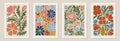 Set of trendy vintage wall prints with flowers, leaves, shapes. Modern aesthetic illustrations. Bohemian style Collection of