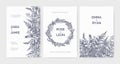 Set of trendy wedding invitation templates decorated with elegant ferns, wild herbs and herbaceous plants on white