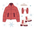 Set trendy Winter clothed. Down jacket, mittens, beret, boots. Modern Clothing for spring, autumn or winter. Vector