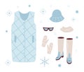 Set trendy Winter clothed. Down vest, Panama hat, scarf, mittens, glasses, boots. Modern Clothing for spring, autumn or