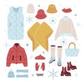 Set trendy Winter Clothes. Down vest, hat, mitten, glasses, boot, jacket, kimono, chelsea, bag, beret, glove. Modern