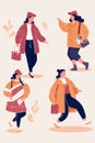 Set of trendy women in autumn clothes. Vector illustration in flat style Royalty Free Stock Photo