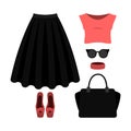 Set of trendy women's clothes with black skirt, top and accesso