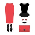 Set of trendy women's clothes with coral skirt, top and accesso