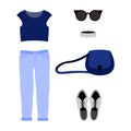 Set of trendy women's clothes with jeans, blue t-shirt