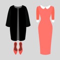 Set of trendy women's clothes. Outfit of woman coat, dress and pump. Women's wardrobe