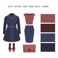 Set of trendy women's clothes. Outfit of woman coat, skirt, top