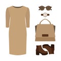 Set of trendy women's clothes. Outfit of woman dress and accesso