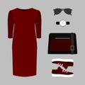 Set of trendy women's clothes. Outfit of woman dress and accesso