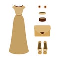 Set of trendy women's clothes. Outfit of woman evening dress wi