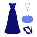 Set of trendy women's clothes. Outfit of woman evening dress wi