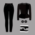 Set of trendy women's clothes. Outfit of woman jeans, rocker jac