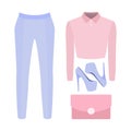 Set of trendy women's clothes. Outfit of woman panties, blouse a