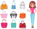 Set of trendy womens bags. Cute business lady in business dress style, wardrobe selection concept