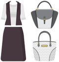 Set of trendy womens clothes. Outfit of woman jacket, blouse, skirt and accessories handbags