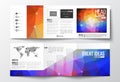 Set of tri-fold brochures, square design templates. Abstract colorful polygonal background, modern stylish triangle Royalty Free Stock Photo