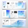 Set of tri-fold brochures, square design templates. Abstract colorful polygonal background, modern stylish triangle Royalty Free Stock Photo