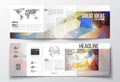 Set of tri-fold brochures, square design templates. Abstract colorful polygonal background, modern stylish triangle Royalty Free Stock Photo