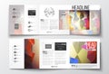 Set of tri-fold brochures, square design templates. Abstract colorful polygonal background, modern stylish triangle Royalty Free Stock Photo