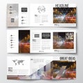 Set of tri-fold brochures, square design templates. Dark polygonal background, blurred image, night city landscape, car Royalty Free Stock Photo