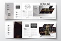 Set of tri-fold brochures, square design templates. Dark polygonal background, blurred image, night city landscape Royalty Free Stock Photo