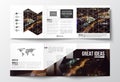 Set of tri-fold brochures, square design templates. Dark polygonal background, blurred image, night city landscape Royalty Free Stock Photo