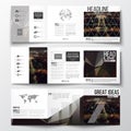 Set of tri-fold brochures, square design templates. Dark polygonal background, blurred image, night city landscape Royalty Free Stock Photo