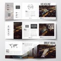 Set of tri-fold brochures, square design templates. Dark polygonal background, blurred image, night city landscape Royalty Free Stock Photo