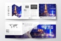 Set of tri-fold brochures, square design templates. Dark polygonal background, blurred image, night city landscape Royalty Free Stock Photo