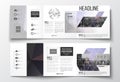 Set of tri-fold brochures, square design templates. Polygonal background, blurred image, urban landscape, modern stylish Royalty Free Stock Photo