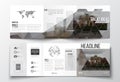 Set of tri-fold brochures, square design templates. Polygonal background, blurred image, urban landscape, Paris Royalty Free Stock Photo