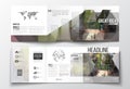 Set of tri-fold brochures, square design templates. Polygonal background, blurred image, urban landscape, street in Royalty Free Stock Photo