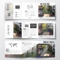 Set of tri-fold brochures, square design templates. Polygonal background, blurred image, urban landscape, street in Royalty Free Stock Photo