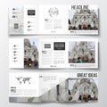 Set of tri-fold brochures, square design templates. Polygonal background Royalty Free Stock Photo