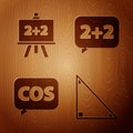 Set Triangle math, Chalkboard, Mathematics function cosine and Equation solution on wooden background. Vector