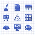Set Triangle math, Equation solution, Calculator, Human brain, Chalkboard, and Feather and inkwell icon. Vector Royalty Free Stock Photo