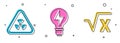 Set Triangle with radiation, Light bulb with lightning and Square root of x glyph icon. Vector