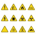 Set of triangle warning signs. Warning roadsign icon. Danger-warning-attention sign. Yellow background Royalty Free Stock Photo