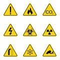 Set of triangle warning signs. Warning roadsign icon. Danger-warning-attention sign. Yellow background Royalty Free Stock Photo